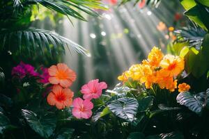 Flowers and plants in the jungle with sunlight photo