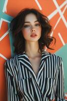 A woman in a striped shirt posing against an orange wall photo