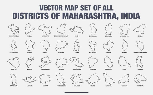 Map Set of All Districts of Maharashtra, India Clean Line Art Illustration