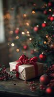 Christmas gift on wooden table with red ribbon and christmas tree photo