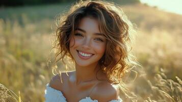 Beautiful young woman smiling in a field photo