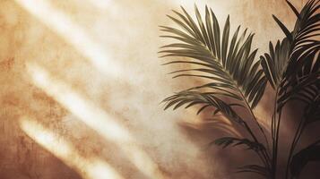 A palm tree is in front of a wall with sunlight photo