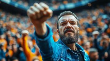 Man with beard and blue jacket in front of crowd photo