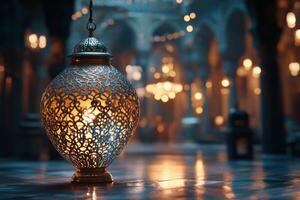 An ornate lamp is lit in a mosque photo