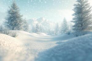 Winter landscape with snow falling on trees and forest photo