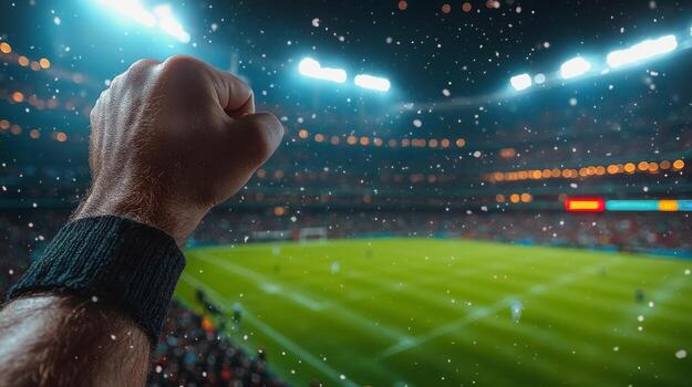 A person's hand is holding up a fist in front of a stadium photo