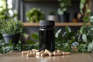 Black bottle of vitamin pills on wooden table with plants photo