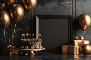 Golden birthday cake with candles and balloons on a black background photo