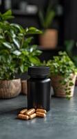 Black bottle of vitamin pills on a table with potted plants photo