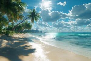 Tropical beach with palm trees and sun photo