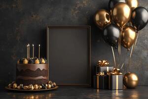 A black and gold cake with candles and balloons on a dark background photo