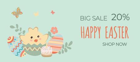 Happy easter sale. Cute chicken and delicious Easter cake with a burning candle, with easter eggs on green background. Can be add text. Design for banner, poster, postcard. vector