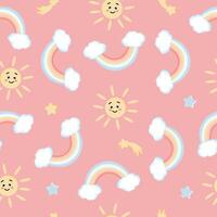 Seamless pattern with cute colorful pastel rainbow with clouds on pink background. Design for kids wallpaper, fabric, weather forecast and more. vector