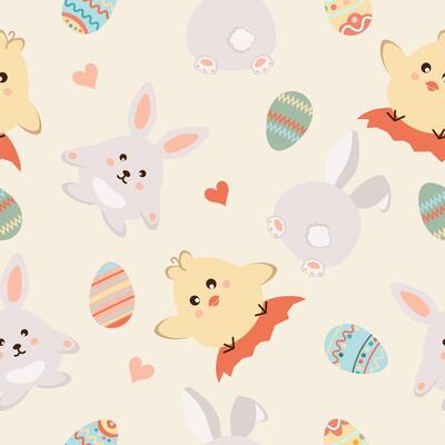 Happy easter. Seamless pattern with easter eggs, rabbit, chicken, heart on yellow background.