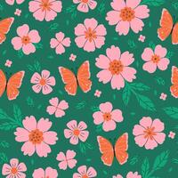 Seamless pattern with pink flowers and orange butterflies on a green background. graphics. vector
