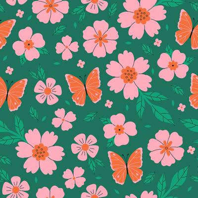 Seamless pattern with pink flowers and orange butterflies on a green background. graphics.