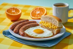 A plate with eggs, sausage, and toast photo