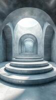 An empty room with steps leading to a circular window photo