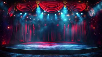 A stage with red curtains and spotlight photo