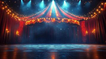 A circus tent with lights and a stage photo