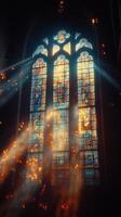 A stained glass window with light coming through it photo