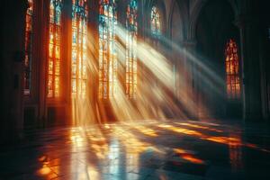 Sunbeams shine through the windows of a church photo
