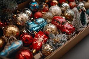 A box filled with christmas ornaments and a car photo