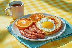 A plate with eggs, sausage and orange slices photo