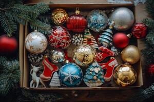 A box filled with christmas ornaments photo
