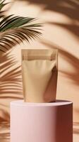 A brown paper bag on a pink pedestal with palm trees photo