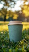 A paper cup sitting on the grass in the sun photo