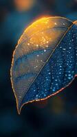A leaf with water droplets on it in the sun photo