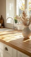 A kitchen counter with a vase of dried flowers photo