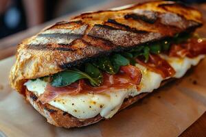 A sandwich with meat and greens on a paper photo