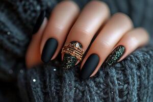 Black matte nails with gold and green glitter photo