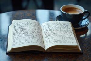 A coffee cup and a book on a table photo