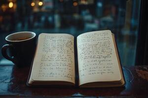An open book and a cup of coffee on a window sill photo