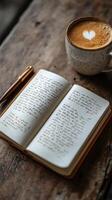 A notebook with a cup of coffee and a pen on a wooden table photo