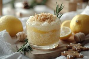A glass of lemon sorbet with a spoon and some lemons photo