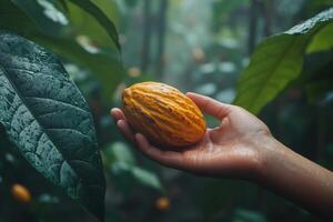 A person holding a cocoa bean in front of green leaves photo