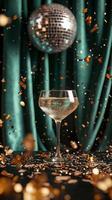 A glass of champagne with confetti falling from the ceiling photo
