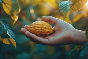 A person holding a cocoa bean in their hand photo