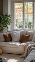 A white couch with pillows and a pumpkin photo