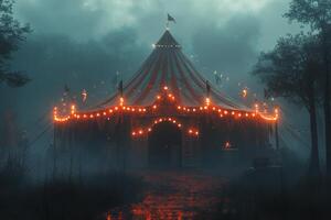 A circus tent is lit up at night photo