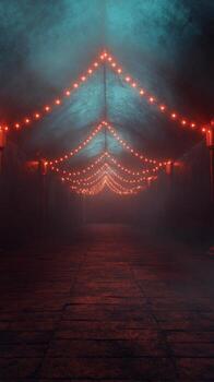 A dark tunnel with red lights and a foggy background photo