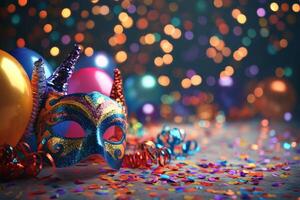 Colorful carnival mask and confetti on a dark background photo