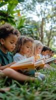 Children reading books in the park photo