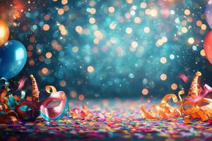 Colorful confetti and balloons on a dark background photo
