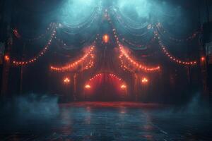 A dark room with a stage and lights photo