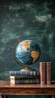Globe on books and old books on a table with chalkboard background photo